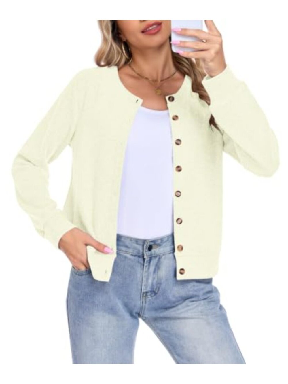 Lightweight Long Sleeve Button Cardigan Women Open Front Knit Sweater Crew Neck